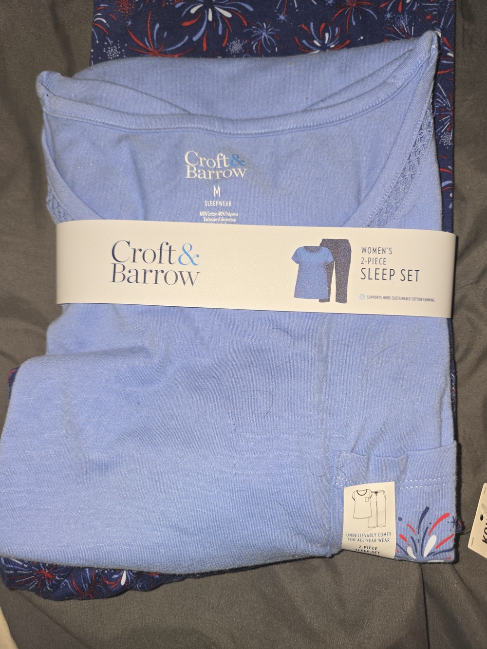 croft & barrow Light Blue Top with Navy Firework-Print Bottoms Sleep Set
